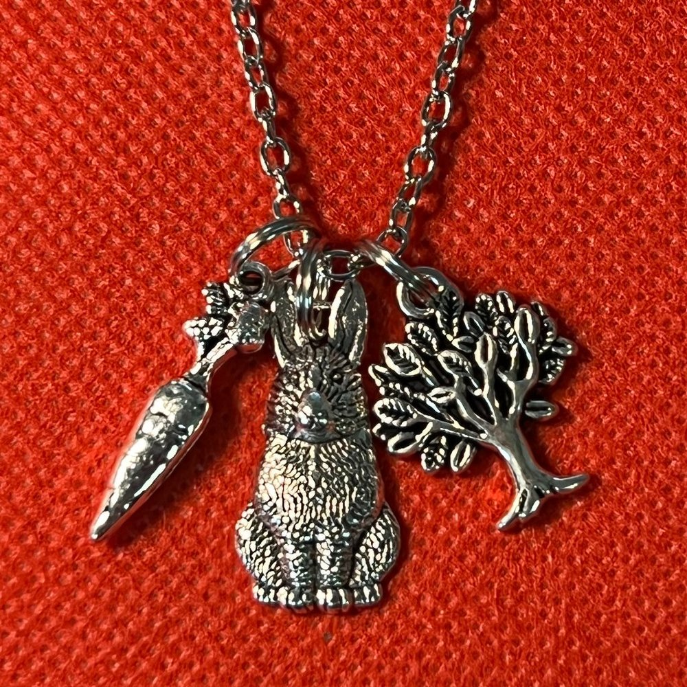 Easter Carrot Bunny Rabbit and Tree Silver Tone Charm Necklace